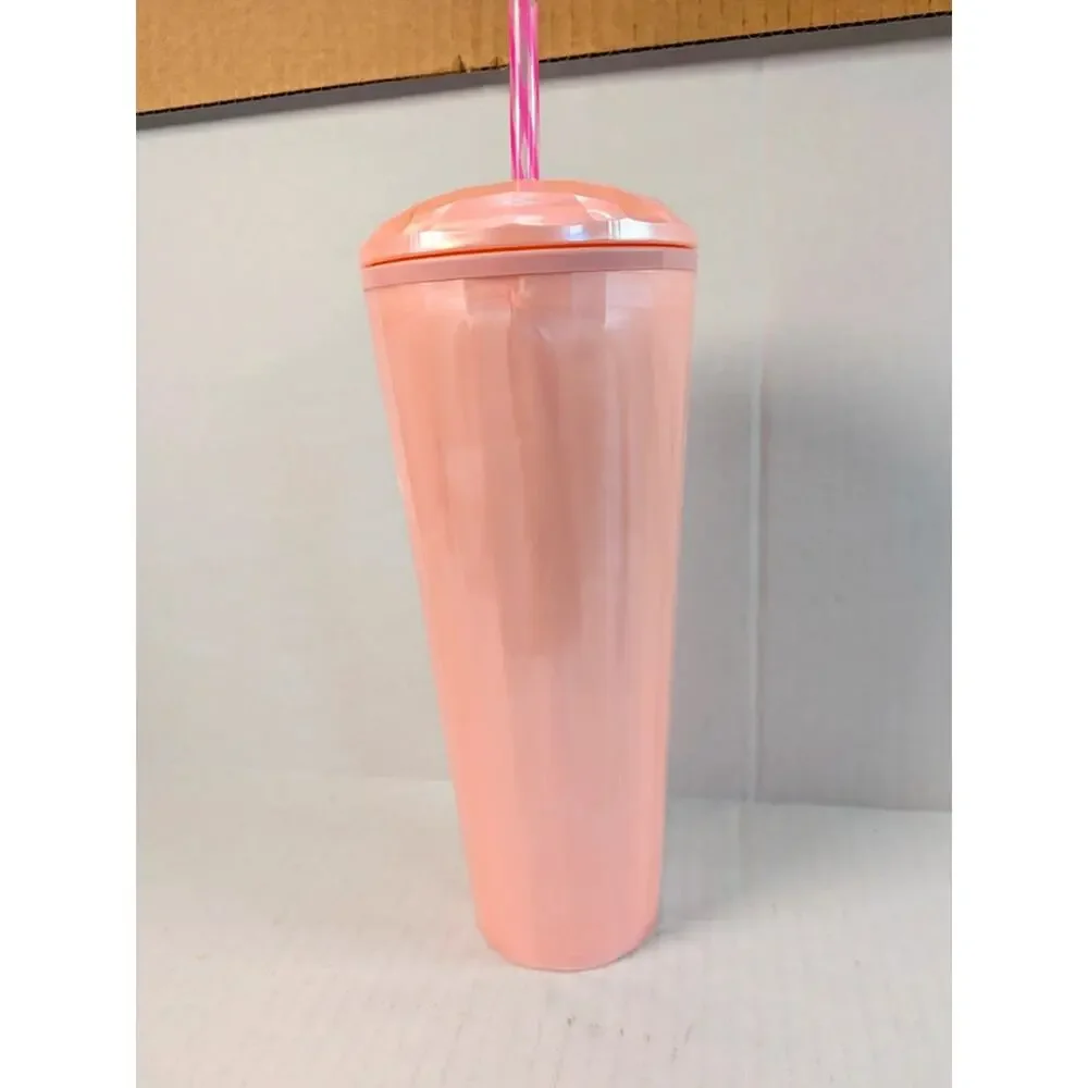 New Starbucks Pink Faceted Cold Cup Tumbler Embossed Siren Logo Lid Straw